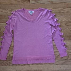 Magaschoni Women's S Pink Bow-Sleeve V-Neck Sweater